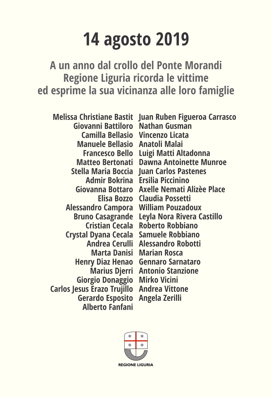 Commemorazione Regione Liguria vittime Ponte Morandi 14agosto2019