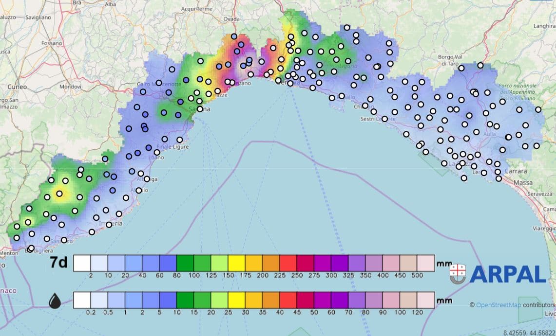 Elaborazione Arpal, cartina cumulata piogge degli ultimi 7 giorni in Liguria
