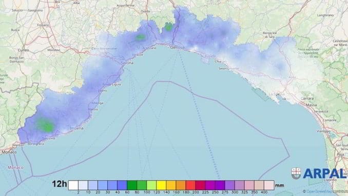 Cartina pioggia in Liguria alle ore 12 del 27-11-2019
