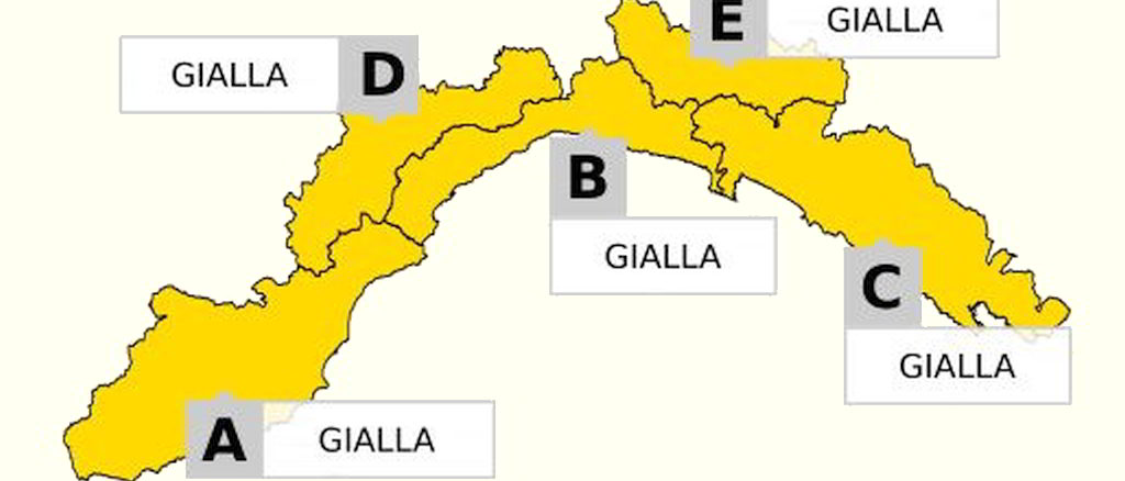 Cartina con Allerta gialla su tutta la Liguria
