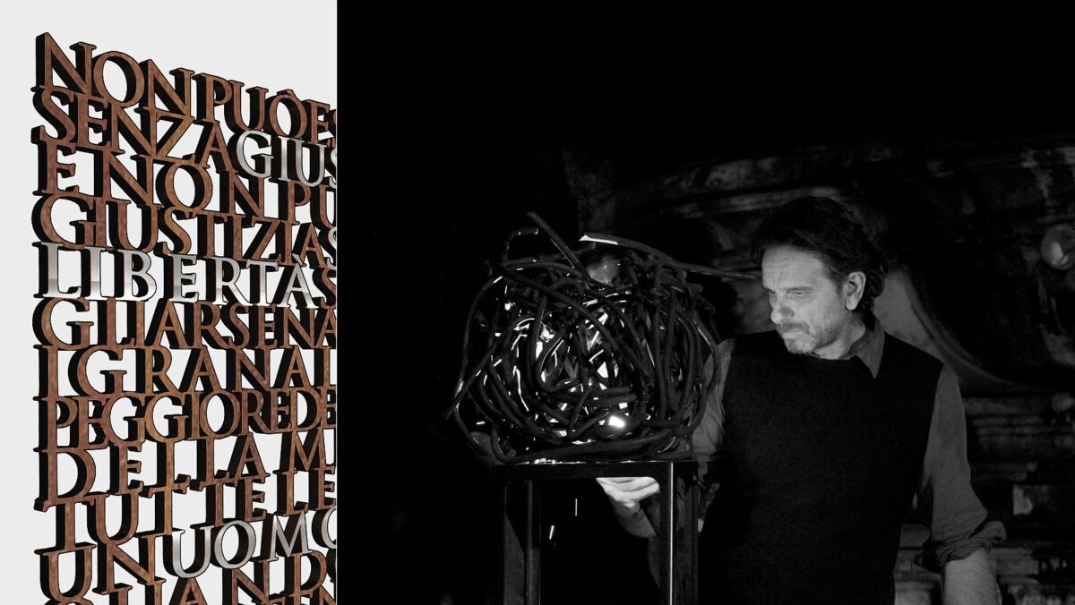 Gianni Lucchesi e particolare scultura per Pertini a Savona