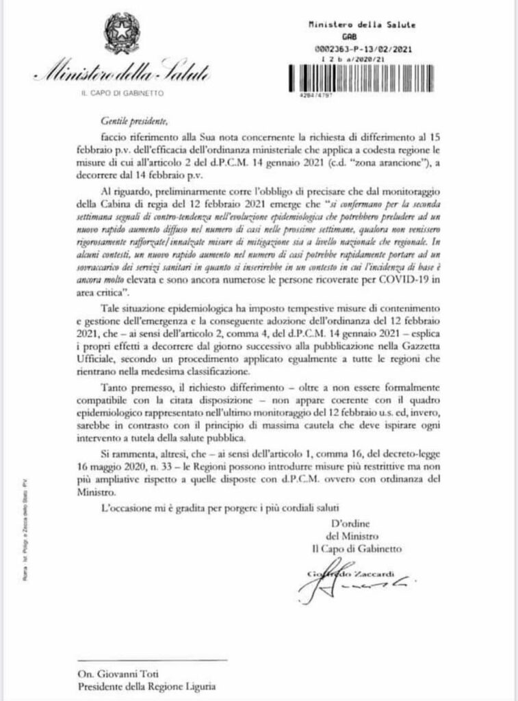 Respinta da Ministero Richiesta Toti - Regione Liguria
