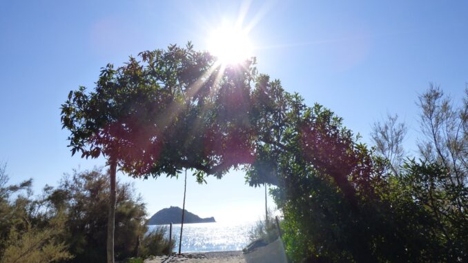 Sulla spiaggia ad Albenga e all'orizzonte l'Isola Gallinara nella foto di Roberto Ruaro