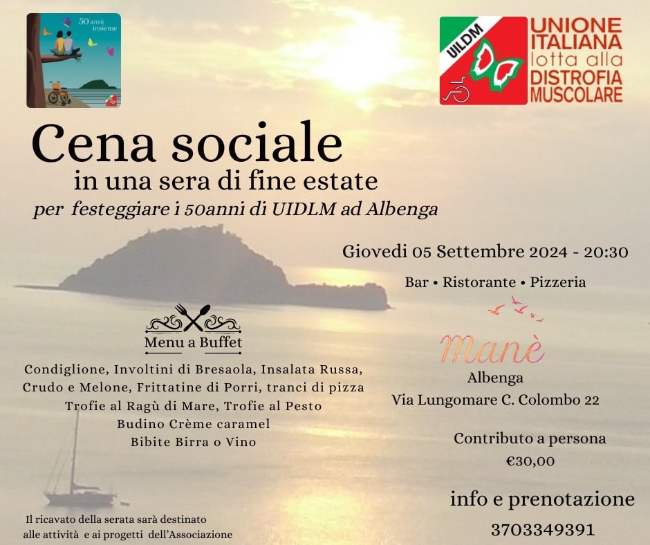 Annuncio Cena beneficenza per sostenere progetti Uildm Albenga