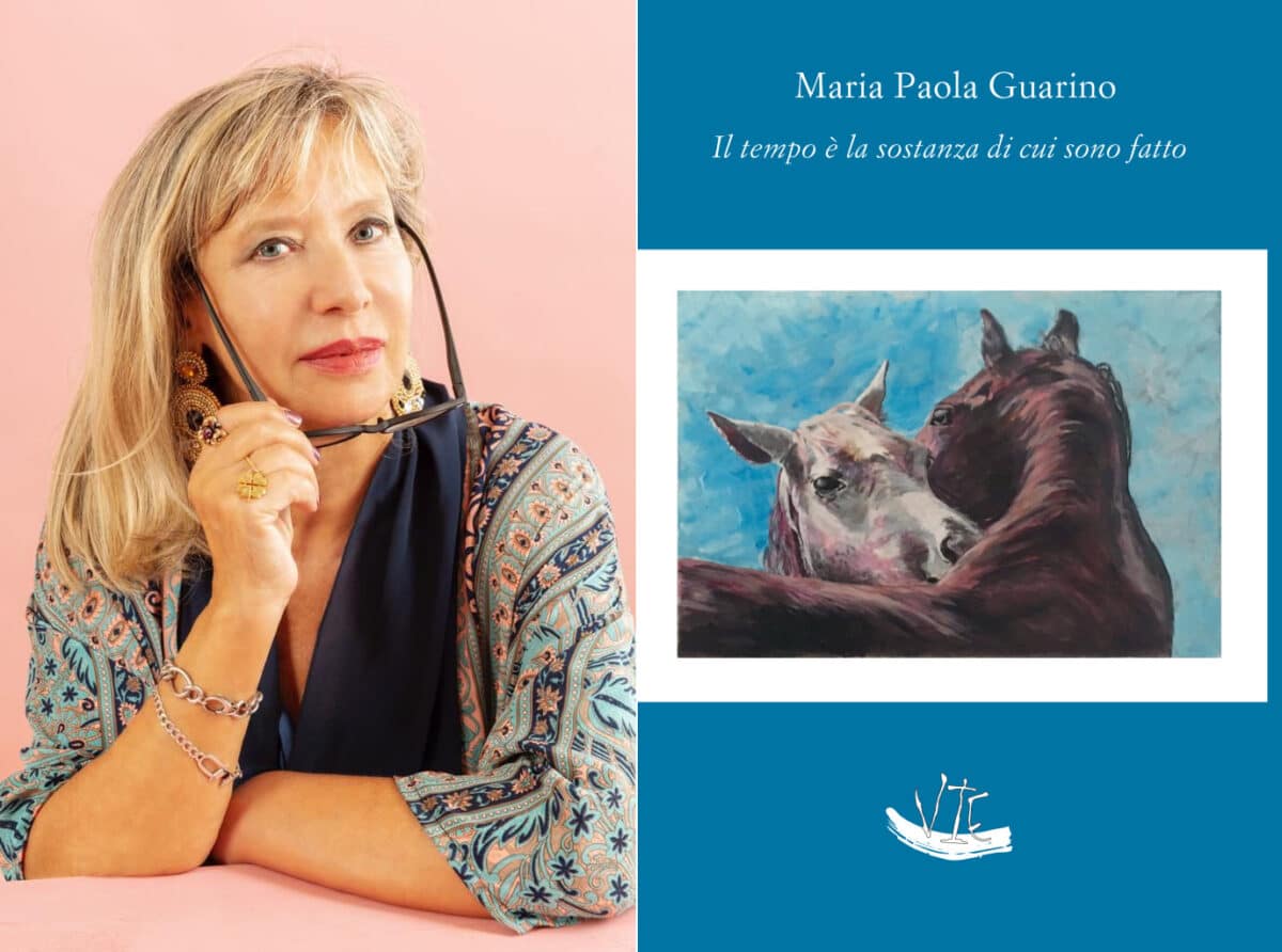Maria Paola Guarino e la copertina del suo libro Il tempo è la sostanza di cui sono fatto