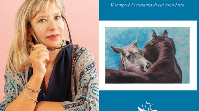 Maria Paola Guarino e la copertina del suo libro Il tempo è la sostanza di cui sono fatto