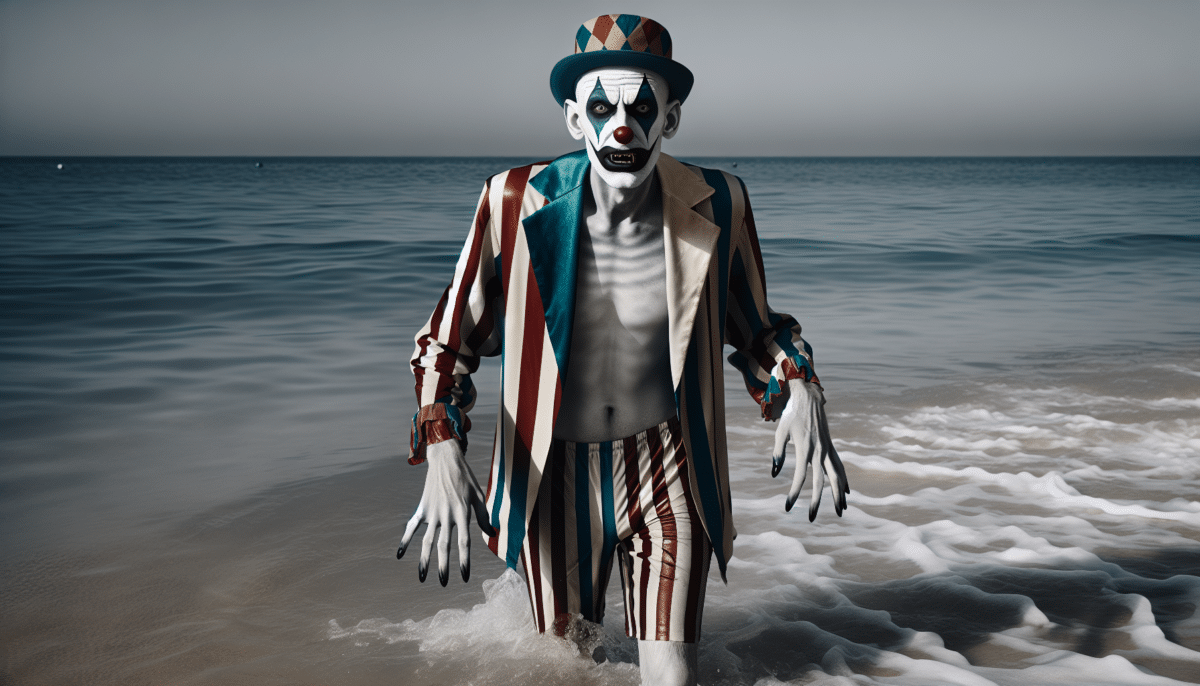 Un clown vampiro si rifresca nelle acque limpide del mare