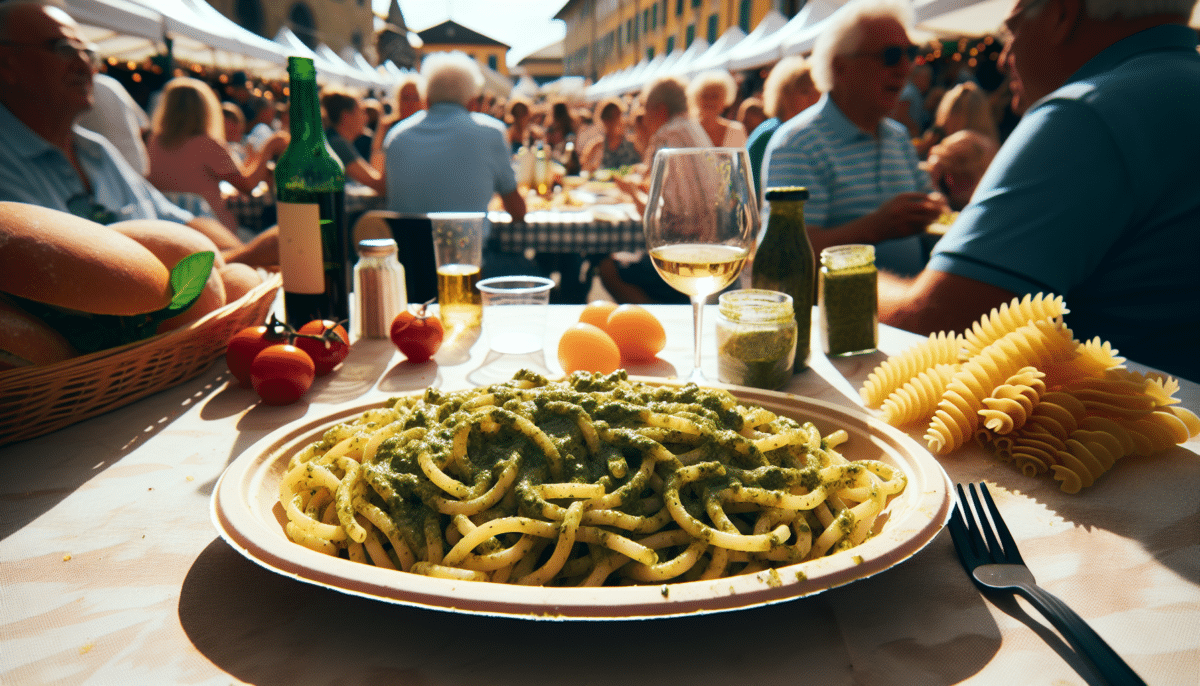 Un tavolo apparecchiato in una sagra con piatto di pasta al pesto