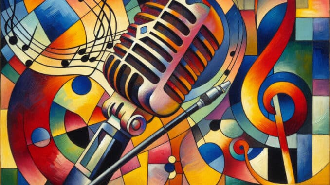 microfono e note musicali in una composizione che omaggia Franz Marc