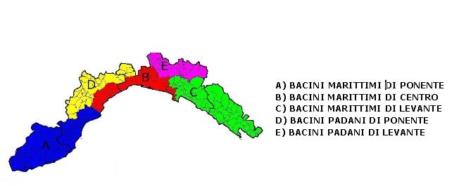 Liguria mappa Bacini ABCDE