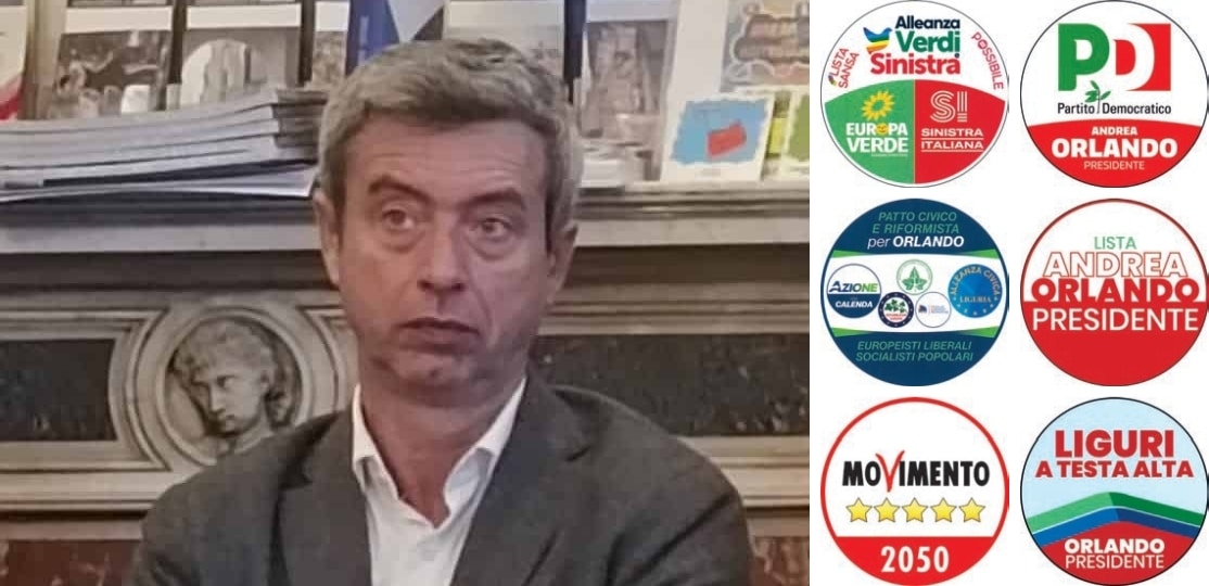 Andrea Orlando e simboli liste - elezioni Liguria 2024