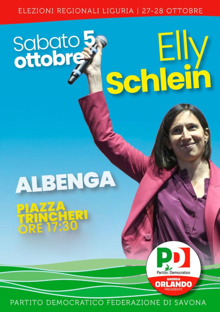 Elly Schlein sabato 5 ottobre ad Albenga