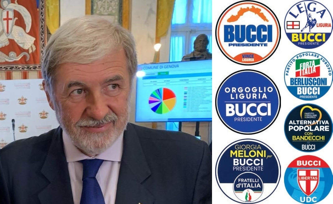 Marco Bucci e simboli liste elezioni Liguria 2024