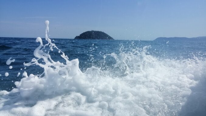 le onde della scia si allontanano dall'isola