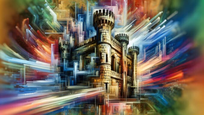 fantasia futurista con torre medievale - effe
