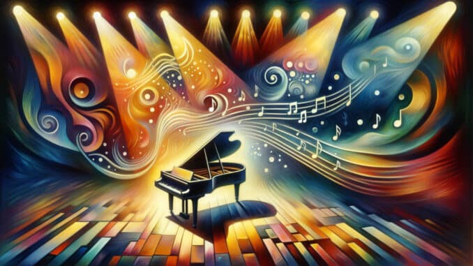 su un palco ideale, fantasia musicale di luci e colori illuminano un pianoforte - effe