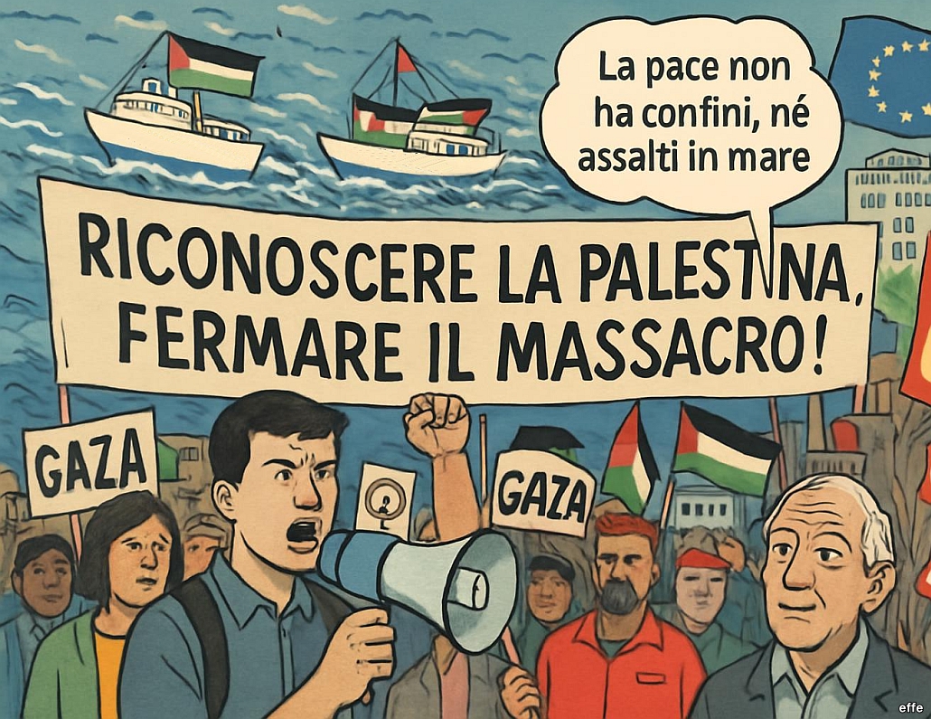 Immagine centrale: una folla variegata con studenti, lavoratori e attivisti in corteo, che tiene cartelli e striscioni con simboli di pace e solidarietà verso Gaza; sullo sfondo, navi con la scritta “Flotilla” e la bandiera della pace, circondate da un mare agitato.
Personaggi ben caratterizzati: rappresentanti sindacali e cittadini con espressioni determinate e preoccupate, tra cui un giovane studente con un megafono, un lavoratore con il pugno alzato, e un anziano che osserva con speranza.
Dialogo o didascalia: uno striscione con la scritta “Riconoscere la Palestina, fermare il massacro!” e una nuvoletta di dialogo ironica da un personaggio che dice “La pace non ha confini, né assalti in mare”.
Contesto riconoscibile: simboli dell’Unione Europea, bandiere italiane e palestinesi e della pace, e riferimenti ai sindacati USB, CUB e CGIL, con lo sfondo degli ospedali San Paolo e Santa Corona stilizzati.
Composizione equilibrata: elementi disposti a guidare lo sguardo dalla folla in primo piano, alle navi sul mare, fino ai simboli politici e sociali sullo sfondo, mantenendo chiarezza e impatto visivo.
Messaggio chiaro e originale: sottolineare la forza della solidarietà e della mobilitazione civile contro la guerra e per i diritti umani, con un invito a riconoscere la Palestina e a sostenere la pace.