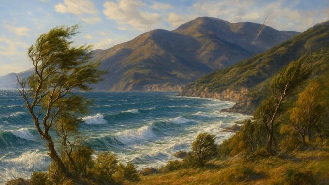 paesaggio quando il vento muove le onde e i pini - effe
