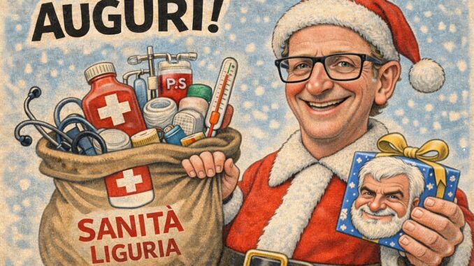 Caricature - Massimo Nicolò – Pacchi e pacchetti natalizi per la sanità Liguria - effe