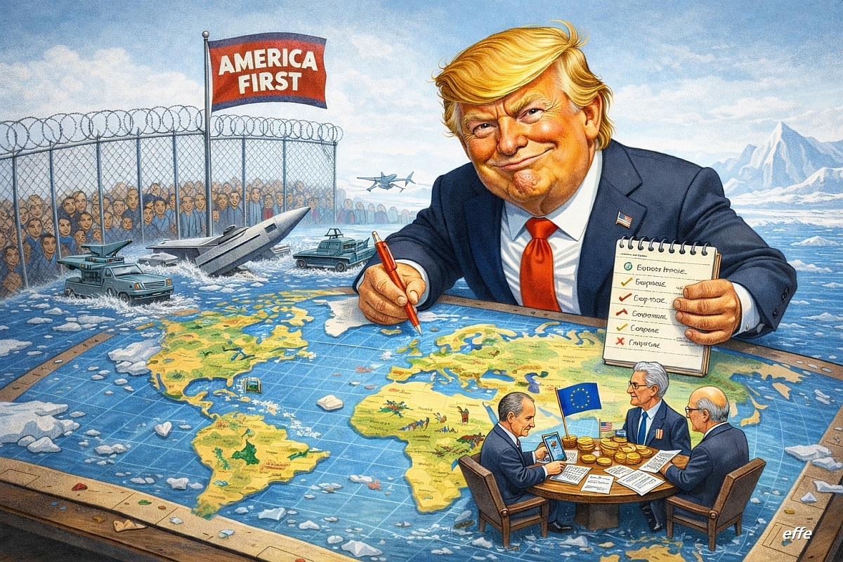Illustrazione satirica di Donald Trump che domina una mappa del mondo trasformata in tavolo strategico, simbolo della dottrina America First.