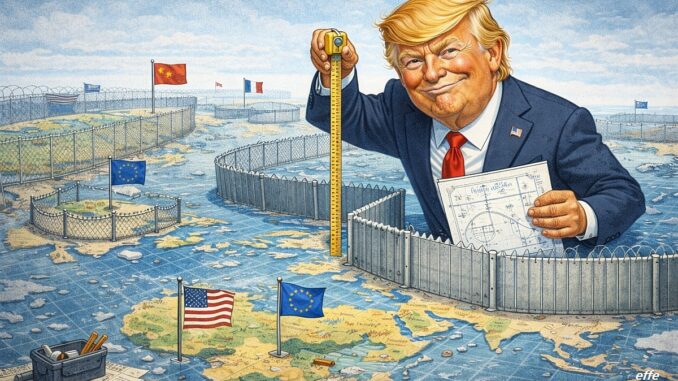 Vignetta satirica con Donald Trump che costruisce recinti e confini tra gli Stati, rappresentando la sovranità nazionale come principio di sicurezza.