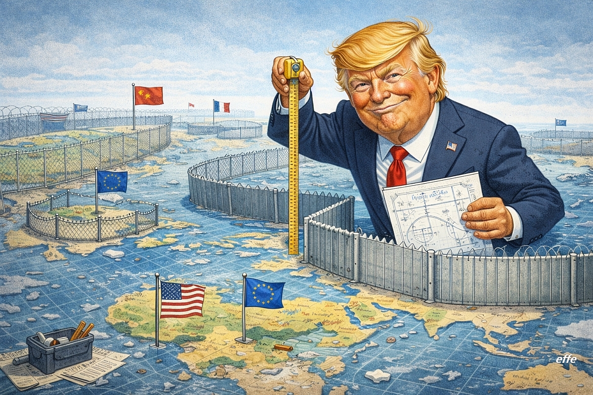 Vignetta satirica con Donald Trump che costruisce recinti e confini tra gli Stati, rappresentando la sovranità nazionale come principio di sicurezza.