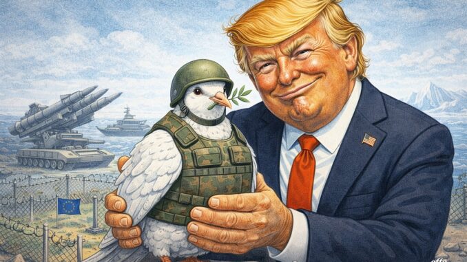 Illustrazione satirica di Donald Trump che tiene una colomba della pace in assetto militare, simbolo della deterrenza come strumento diplomatico.