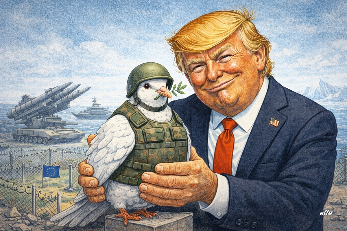 Illustrazione satirica di Donald Trump che tiene una colomba della pace in assetto militare, simbolo della deterrenza come strumento diplomatico.