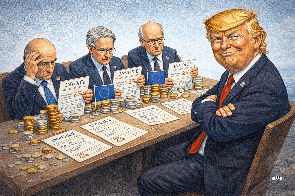 Vignetta satirica con Donald Trump seduto a un tavolo con alleati che tengono fatture e percentuali, simbolo della logica contrattuale delle alleanze.