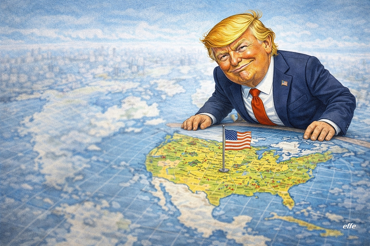 Illustrazione satirica di Donald Trump che osserva una mappa con gli Stati Uniti nitidi e il resto del mondo sfocato, simbolo delle priorità globali.