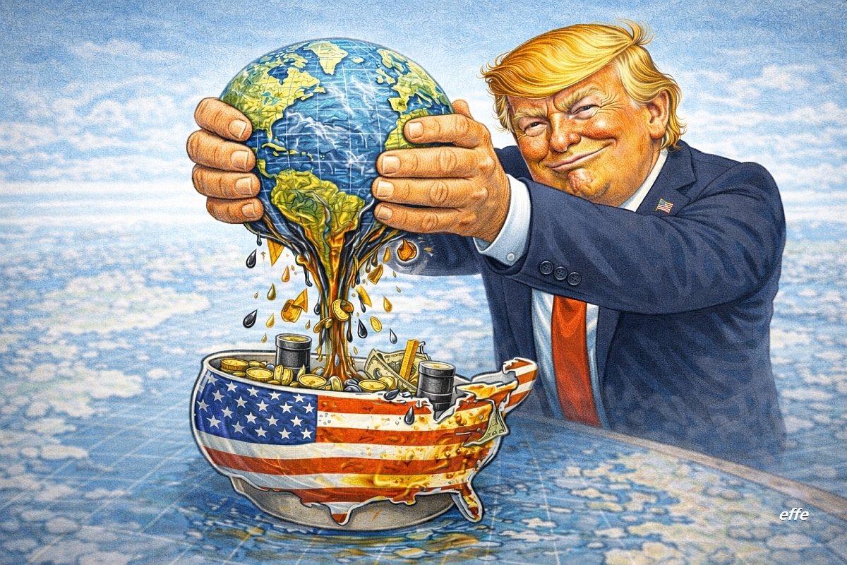 Vignetta satirica che mostra Donald Trump mentre spreme il pianeta Terra in flussi di risorse diretti verso gli Stati Uniti.