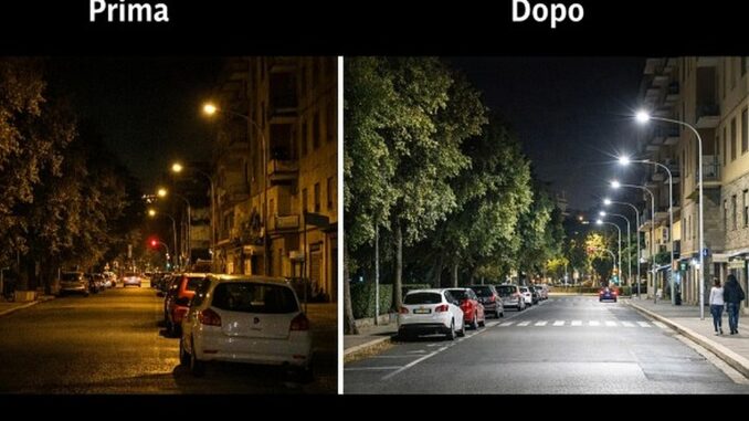 Strada di Savona nel confronto tra prima e dopo installazione nuova illuminazione
