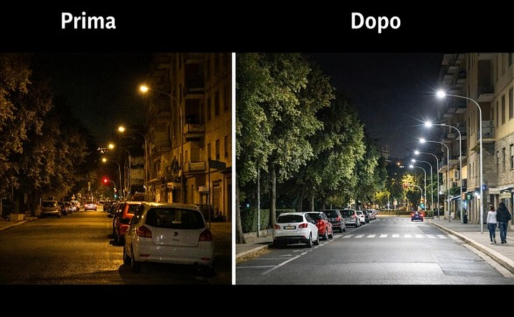 Strada di Savona nel confronto tra prima e dopo installazione nuova illuminazione