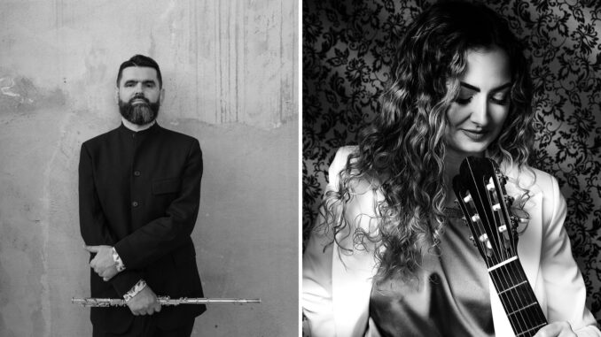 Musicisti: a sinistra nell’immagine in bianco e nero la foto del flautista Vincenzo Lai, a destra la foto della chitarrista Maria Luciani