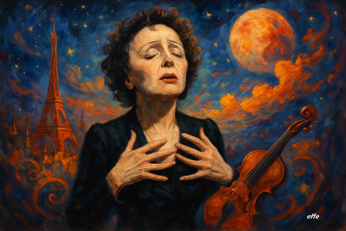 Édith Piaf ritratta con gli occhi chiusi canta con passione davanti a un cielo drammatico con una grande luna. La Torre Eiffel e un violino sono anch'essi raffigurati nella scena.