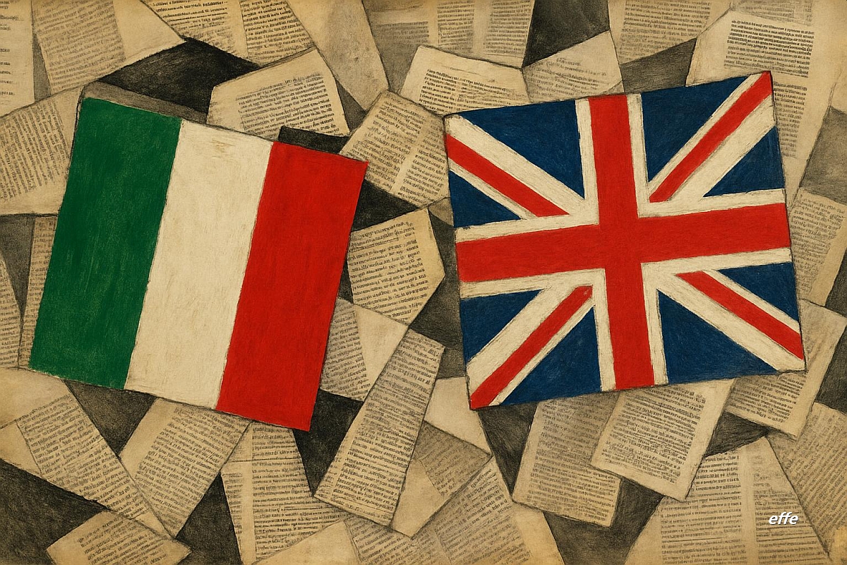L'immagine raffigura le bandiere dell'Italia e del Regno Unito sovrapposte su uno sfondo di fogli accartocciati con testo. Le bandiere sono posizionate vicine tra loro, suggerendo un collegamento o un confronto tra le due nazioni.