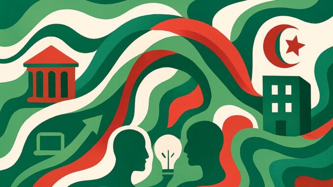 Questa illustrazione astratta raffigura due teste silhouette che si affrontano, condividendo una lampadina luminosa, simbolo di idee condivise. Intorno a loro ci sono linee ondulate in verde, rosso e crema che richiamano la Liguria e l'Algeria, con icone che rappresentano un edificio, un laptop e una freccia verso l’alto, suggerendo progresso e innovazione.
