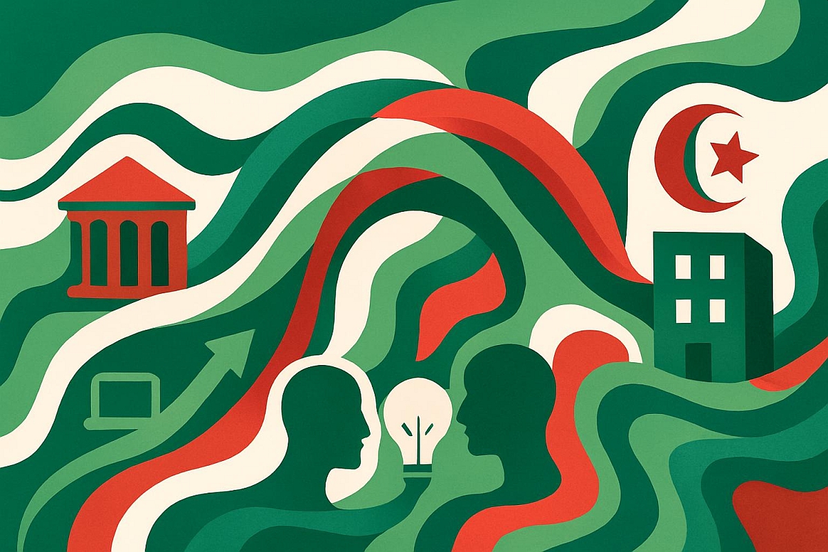 Questa illustrazione astratta raffigura due teste silhouette che si affrontano, condividendo una lampadina luminosa, simbolo di idee condivise. Intorno a loro ci sono linee ondulate in verde, rosso e crema che richiamano la Liguria e l'Algeria, con icone che rappresentano un edificio, un laptop e una freccia verso l’alto, suggerendo progresso e innovazione.