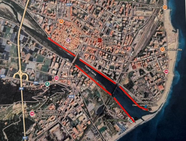 Tracciato complessivo visto dall'alto del corso del fiume Centa ad Albenga
