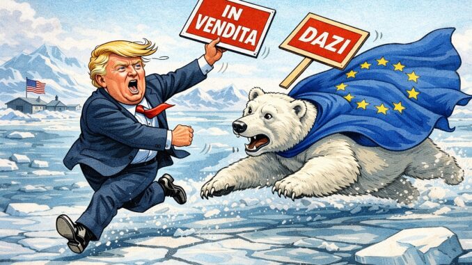 seconda Illustrazione satirica di Donald Trump che corre sui ghiacci della Groenlandia con un cartello “In vendita” e un cartello con scritto "Dazi" che salta, inseguito da un orso polare avvolto nella bandiera dell’Unione Europea.