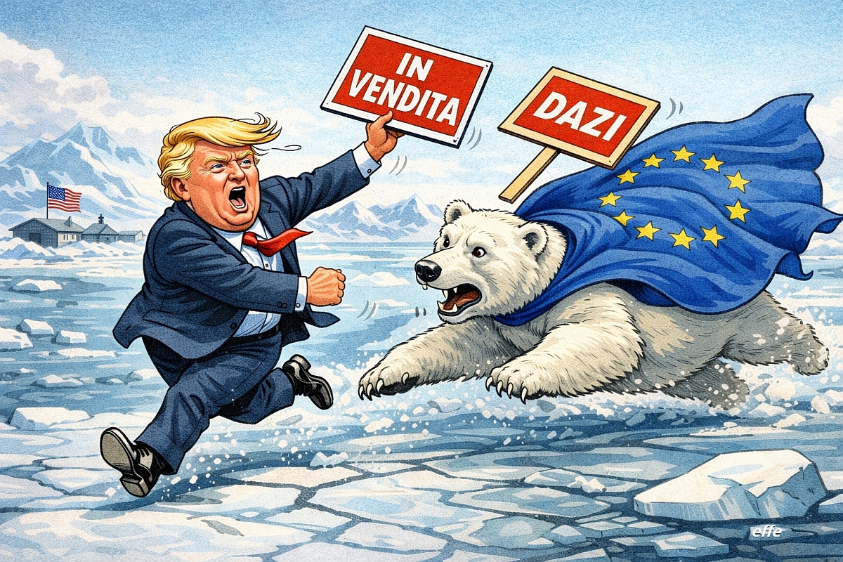 seconda Illustrazione satirica di Donald Trump che corre sui ghiacci della Groenlandia con un cartello “In vendita” e un cartello con scritto "Dazi" che salta, inseguito da un orso polare avvolto nella bandiera dell’Unione Europea.