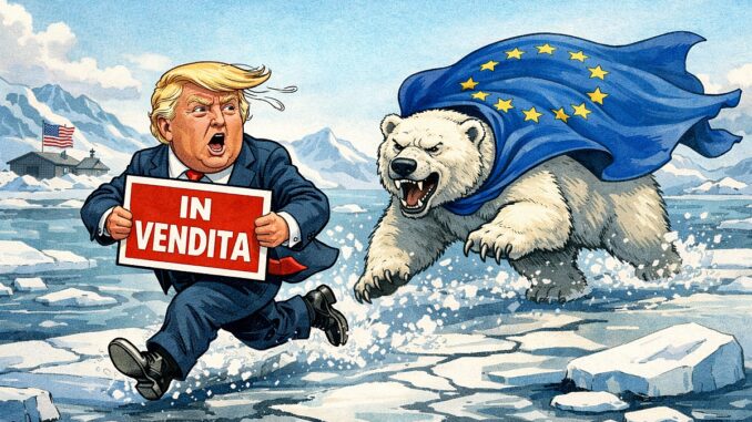 Illustrazione satirica di Donald Trump che corre sui ghiacci della Groenlandia con un cartello “In vendita”, inseguito da un orso polare avvolto nella bandiera dell’Unione Europea.