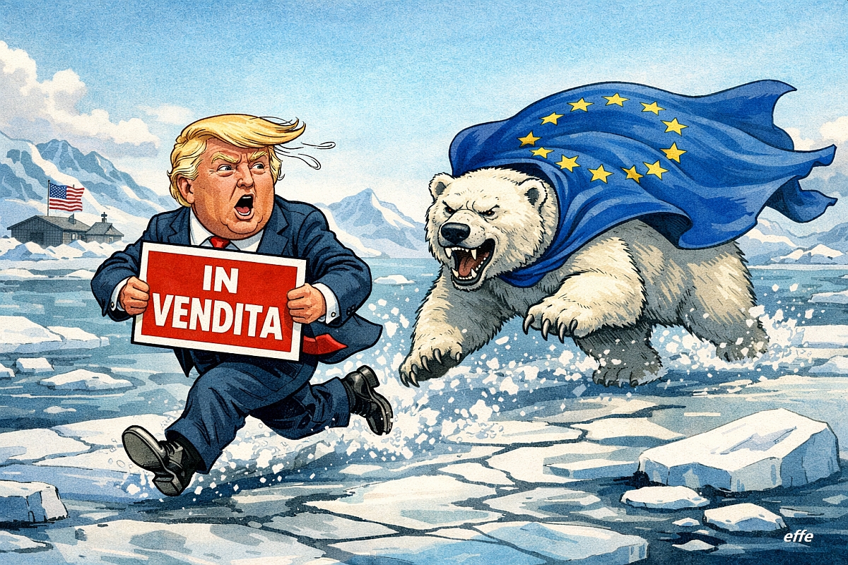 Illustrazione satirica di Donald Trump che corre sui ghiacci della Groenlandia con un cartello “In vendita”, inseguito da un orso polare avvolto nella bandiera dell’Unione Europea.