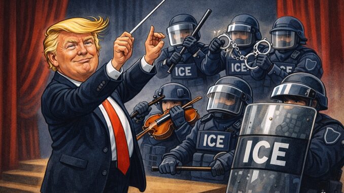 Illustrazione satirica di Donald Trump che dirige come un’orchestra agenti dell’ICE in assetto antisommossa, rappresentando le critiche sull’uso eccessivo della forza nella strategia anti immigrazione.