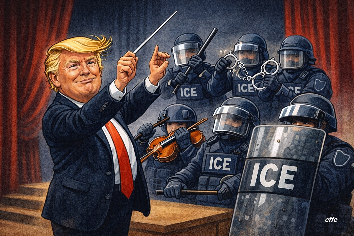 Illustrazione satirica di Donald Trump che dirige come un’orchestra agenti dell’ICE in assetto antisommossa, rappresentando le critiche sull’uso eccessivo della forza nella strategia anti immigrazione.