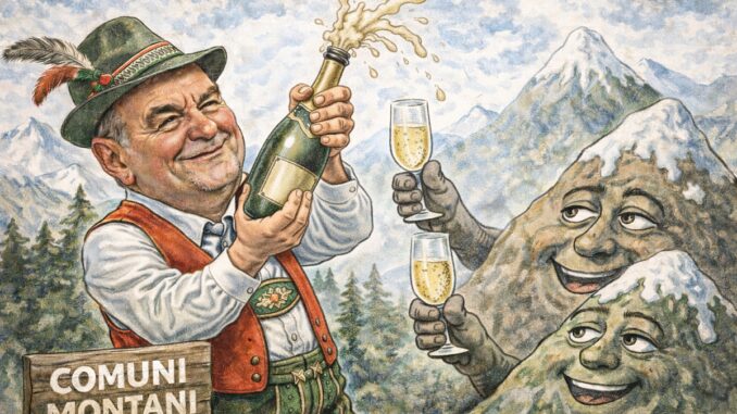 Caricatura satirica del ministro Roberto Calderoli vestito in abiti tirolesi mentre stappa una bottiglia di champagne e brinda con montagne antropomorfizzate, sullo sfondo di un paesaggio alpino. La vignetta ironizza sulla classificazione dei Comuni montani e sul clima politico che circonda il tema.