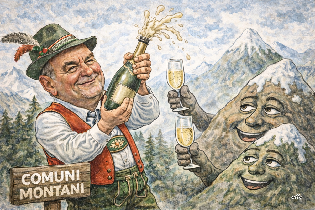 Caricatura satirica del ministro Roberto Calderoli vestito in abiti tirolesi mentre stappa una bottiglia di champagne e brinda con montagne antropomorfizzate, sullo sfondo di un paesaggio alpino. La vignetta ironizza sulla classificazione dei Comuni montani e sul clima politico che circonda il tema.