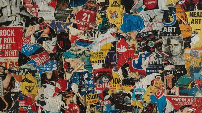 Una composizione astratta costruita con vari manifesti che si incastrano e sovrappongono fra di loro