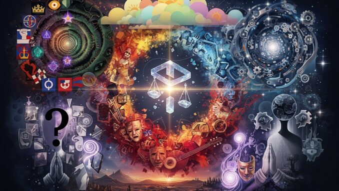 Questa immagine surreale raffigura un paesaggio cosmico con vortici turbinanti, immagini simboliche e una bilancia centrale equilibrata. Rappresenta visivamente un complesso intreccio di dualità, conoscenza e concetti spirituali.
