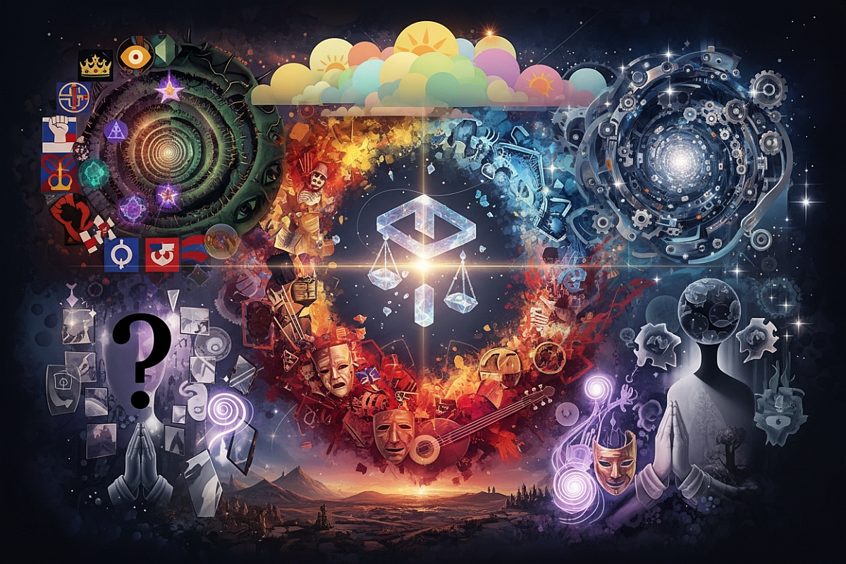 Questa immagine surreale raffigura un paesaggio cosmico con vortici turbinanti, immagini simboliche e una bilancia centrale equilibrata. Rappresenta visivamente un complesso intreccio di dualità, conoscenza e concetti spirituali.